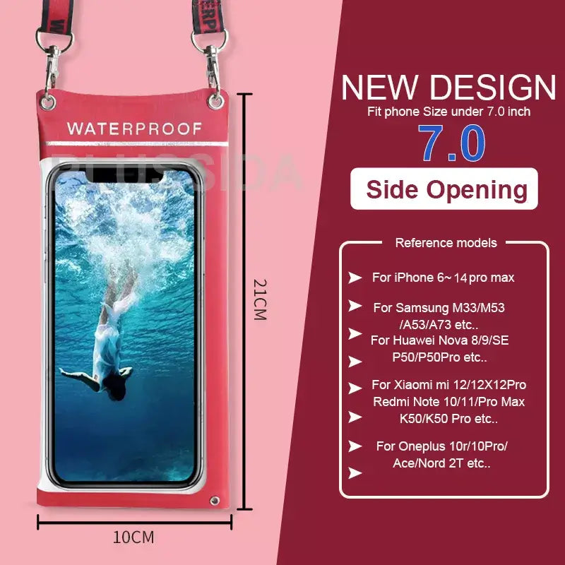 Waterproof phone case with smartphone submerged in water on a pink background, showing text and dimensions
