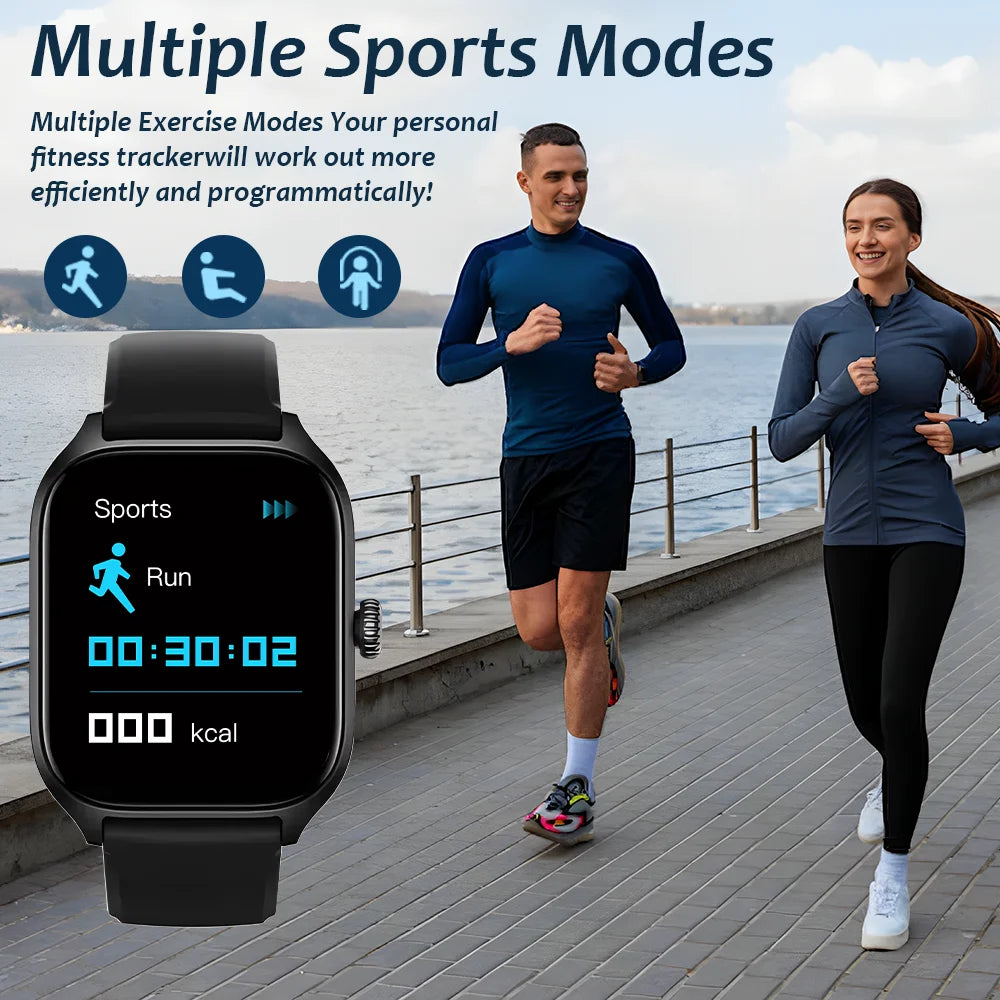 Smartwatch displaying running mode with two people jogging in the background