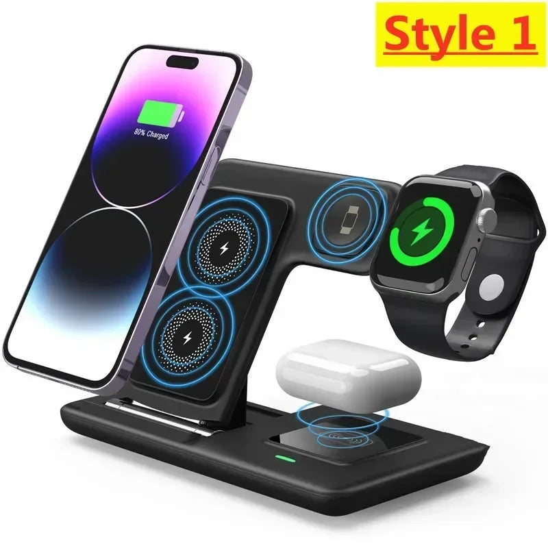 Multi-device wireless charging stand with smartphone, smartwatch, and earbuds on a white background.