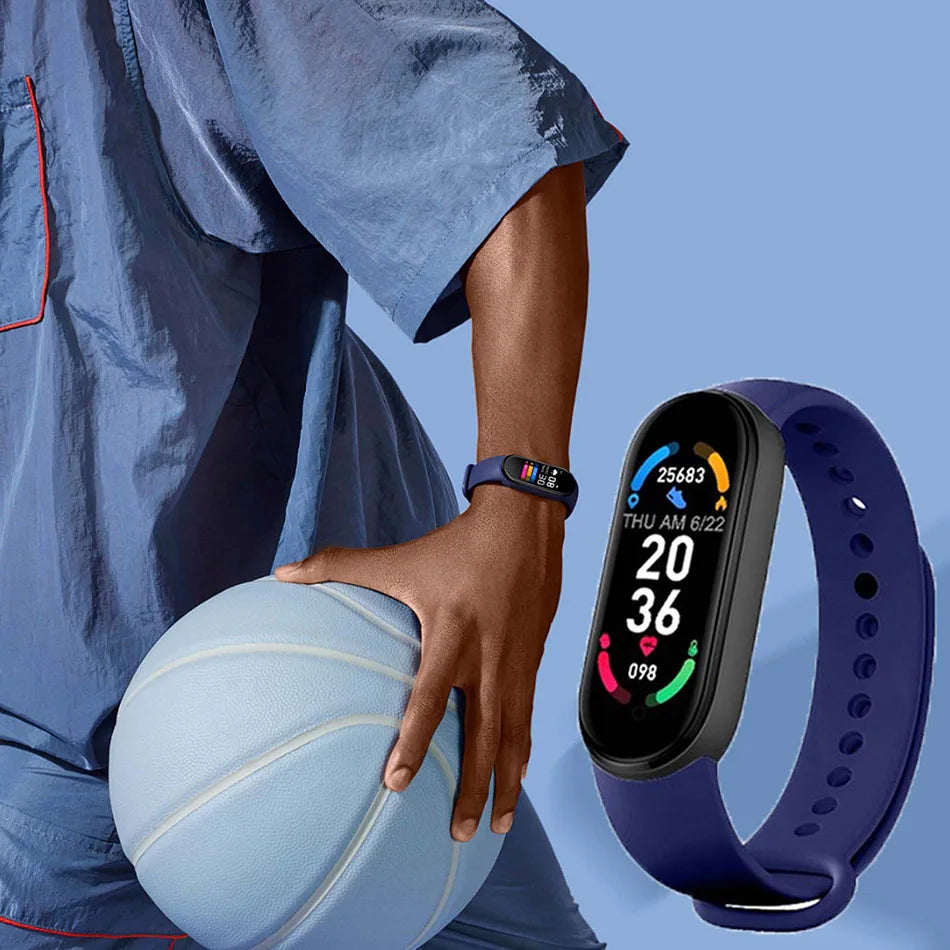 Person holding a basketball with a fitness tracker on a blue background