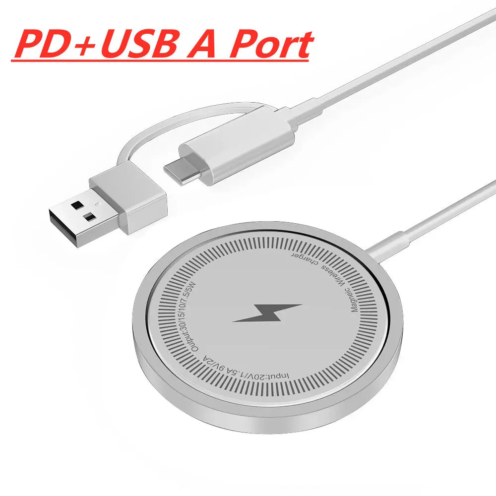 PD USB-A port magnetic wireless charging pad with slim round design in silver color.