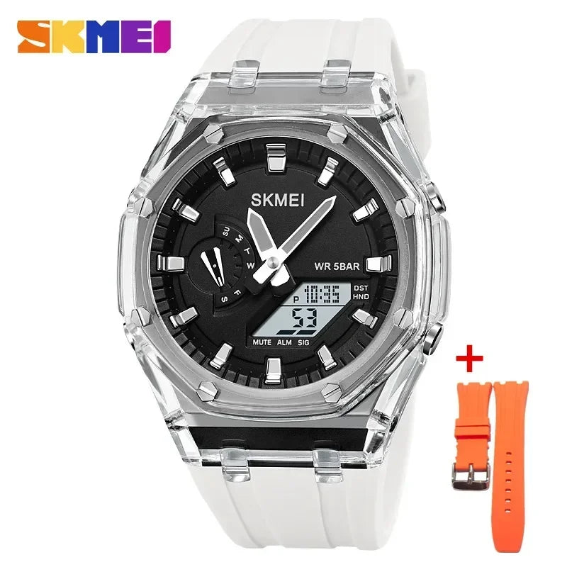 SKMEI men’s analog-digital watch with transparent case, white silicone strap, black dial, and extra orange replacement strap