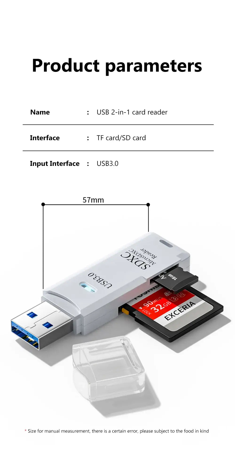 USB 2-in-1 card reader with TF and SD card slots, displaying dimensions and input interface details