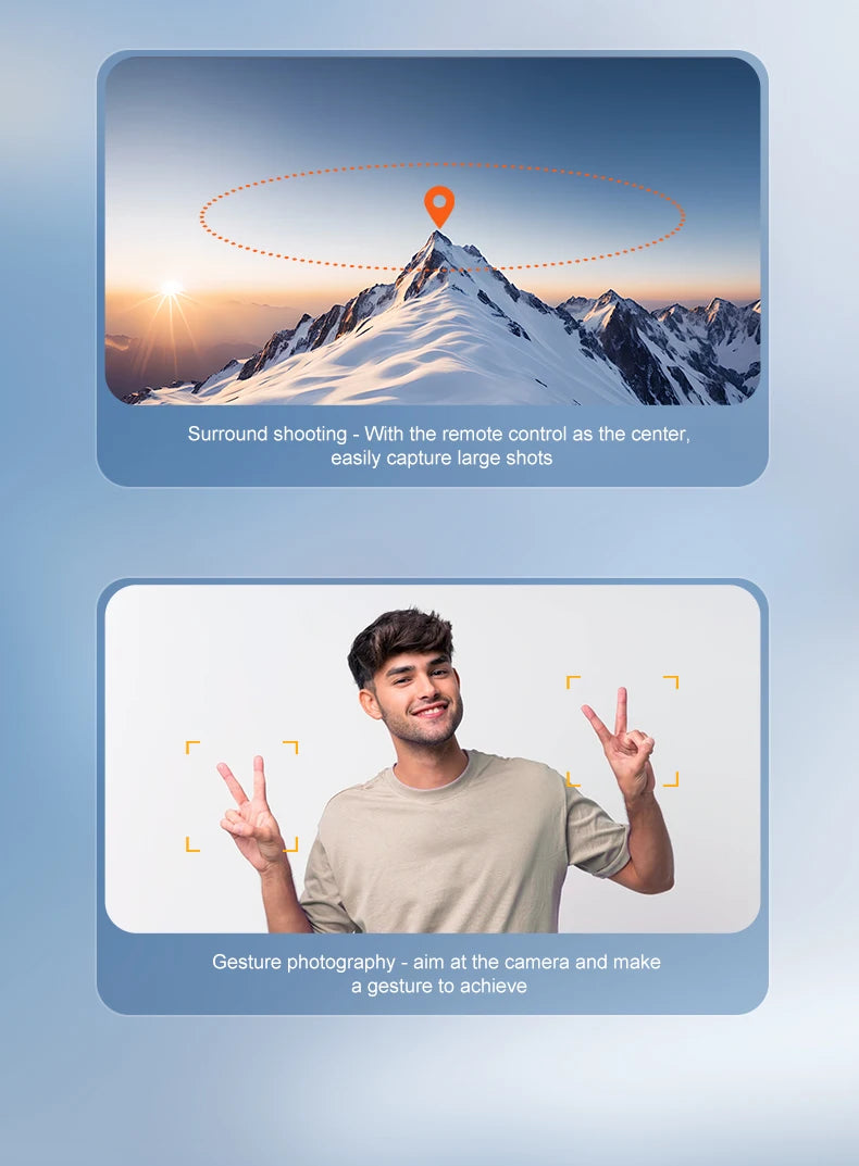 Two screenshots showing a mountain landscape and a person making a peace sign with text about camera features.