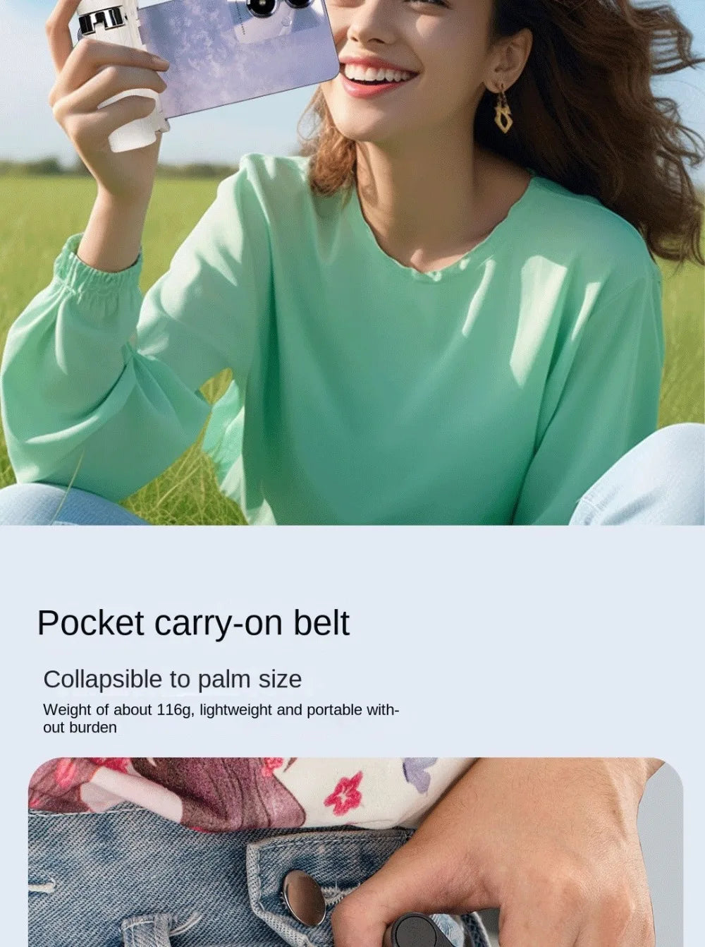 Woman sitting outdoors holding a phone, wearing a green shirt with text about a pocket carry-on belt.
