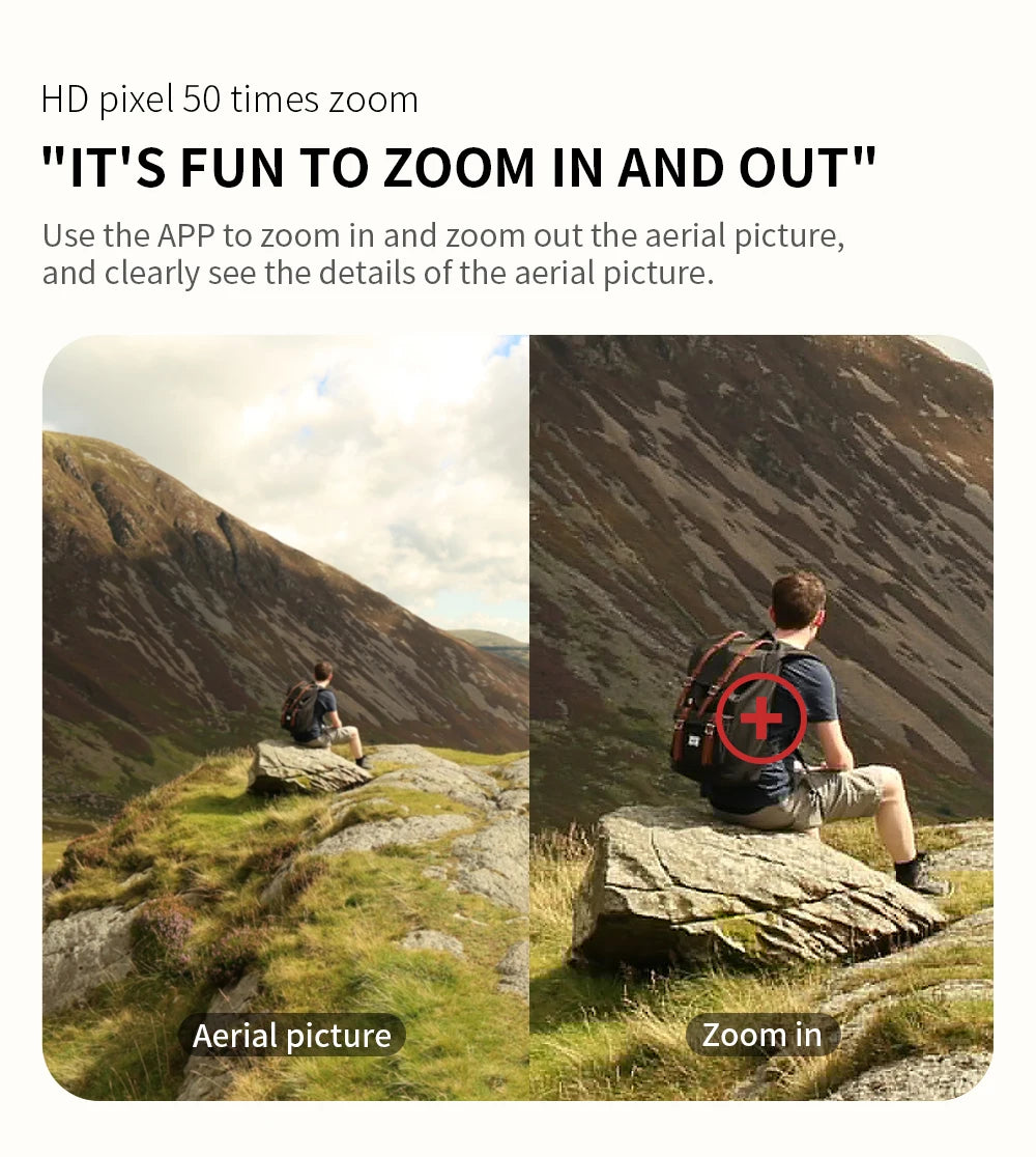 Comparison of aerial view and zoomed-in view of a person sitting on a mountain with text about app functionality.