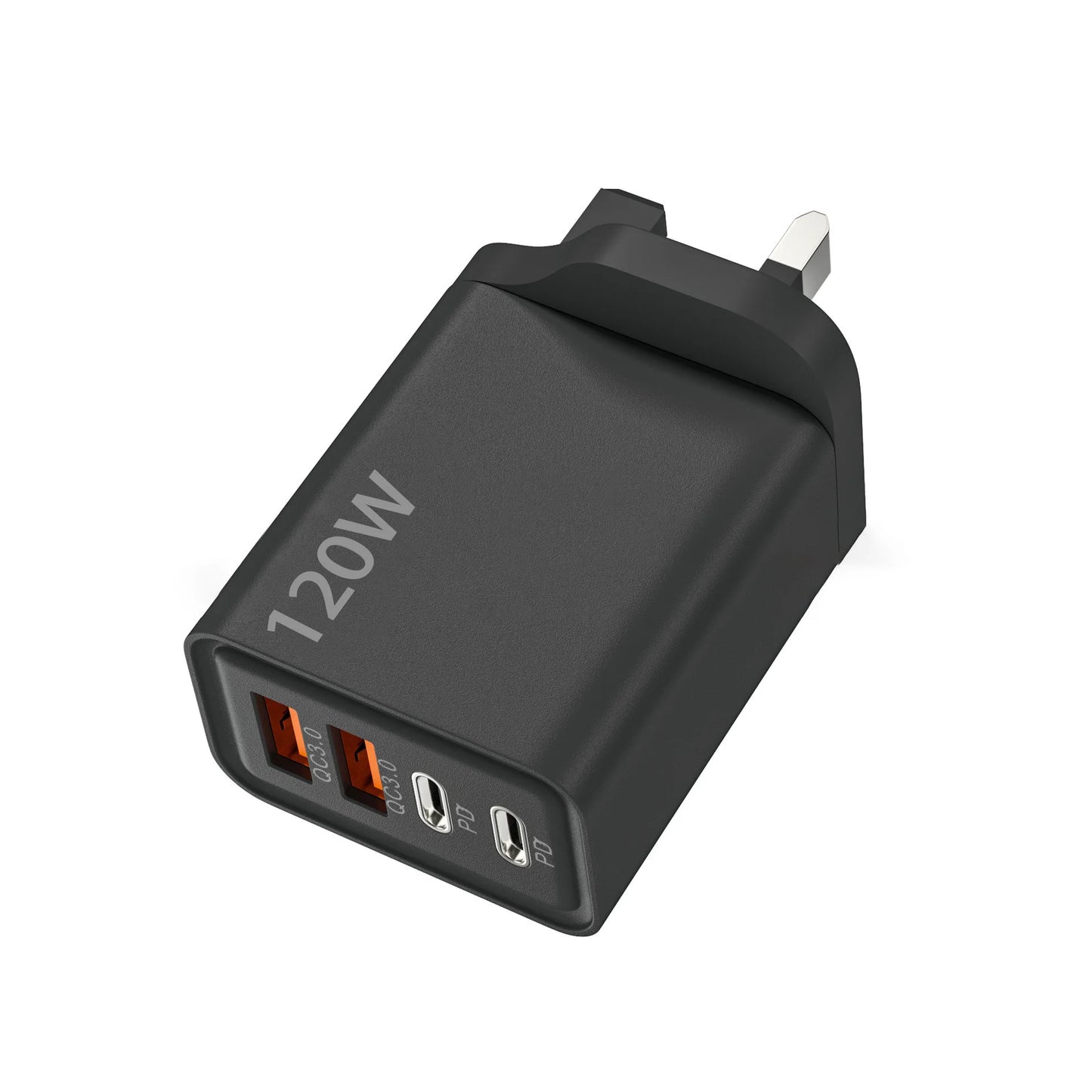 Black 120W power adapter with multiple ports on a white background