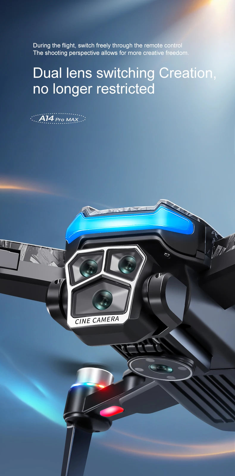 Camera equipment with dual lenses on a blue gradient background