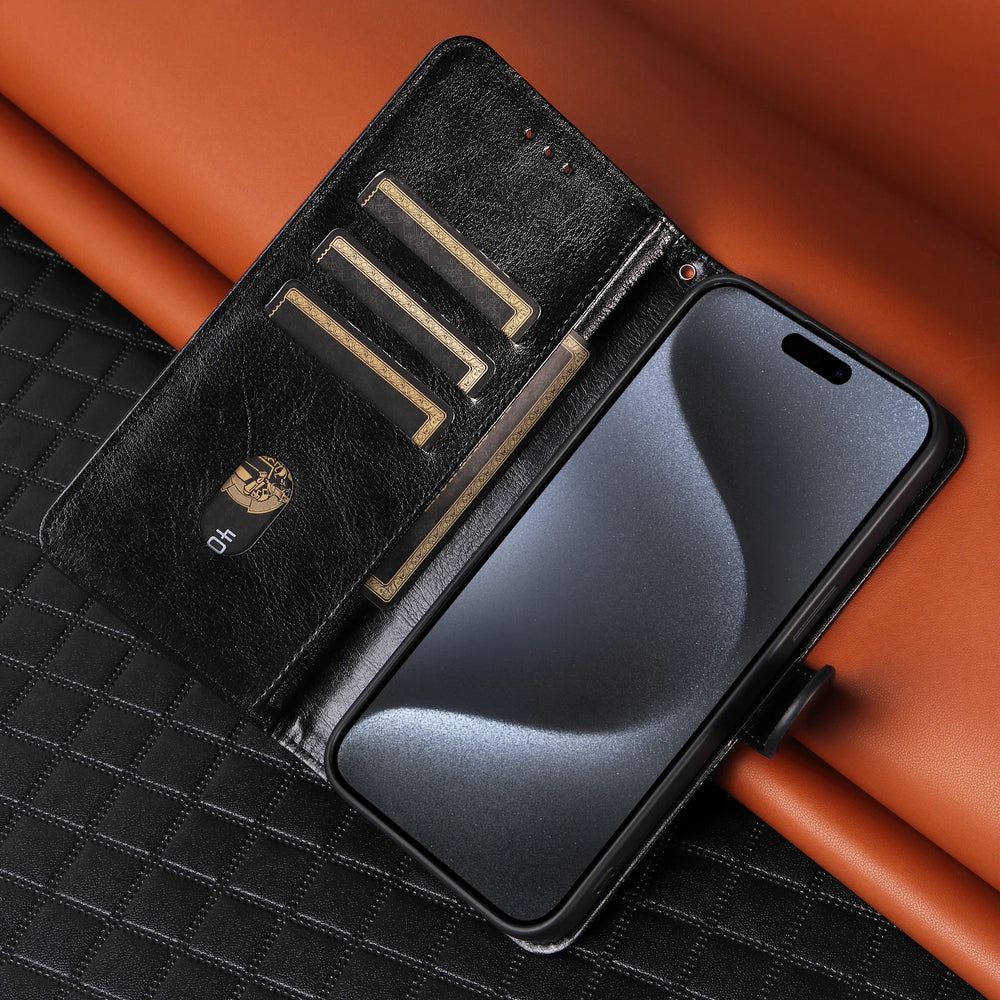 Black phone case with card slots on a textured surface