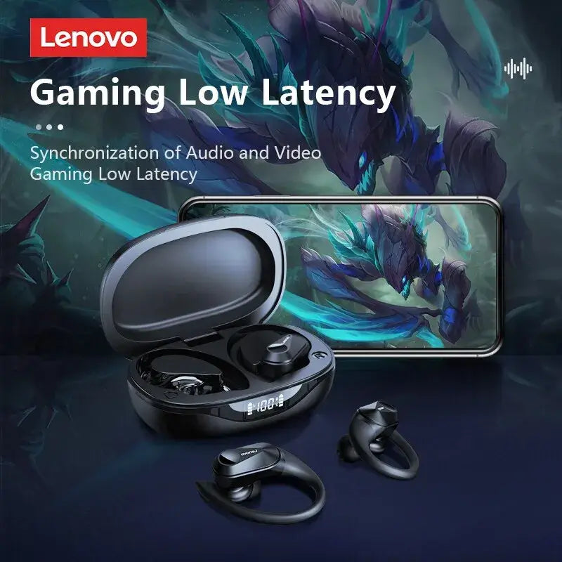 Lenovo gaming earbuds with a smartphone displaying a game on screen, featuring text highlighting low latency and synchronization