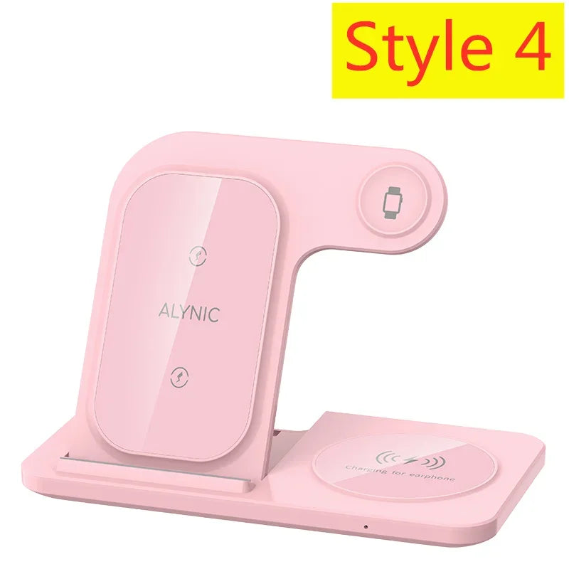 Pink wireless charging stand with 'ALYNIC' branding on a white background