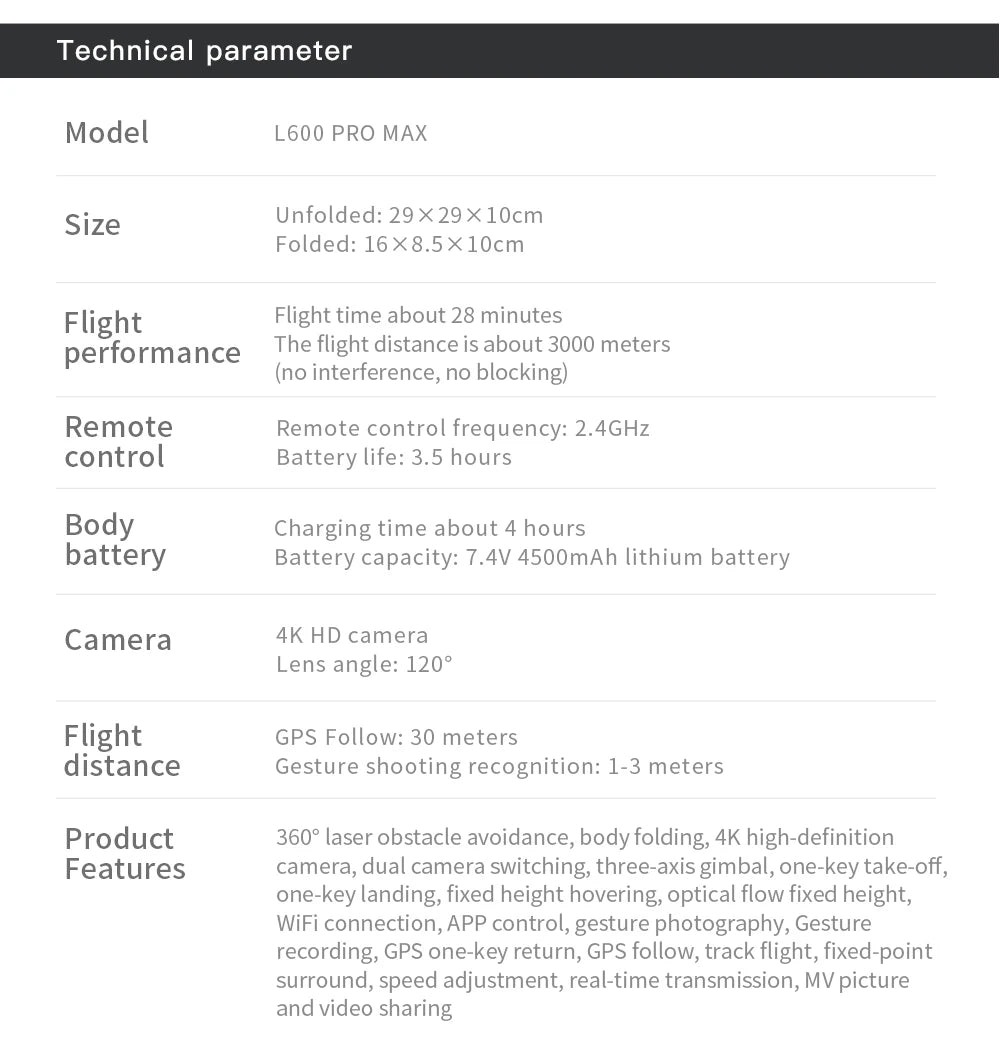 Technical specifications of a drone model L600 PRO MAX on a white background