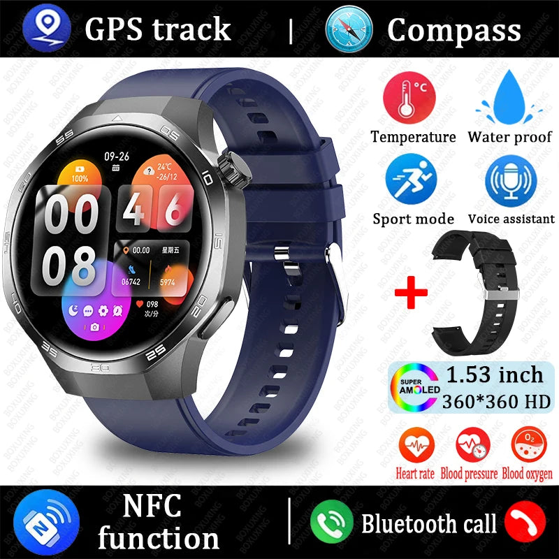 Smartwatch with blue band and features listed on a white background