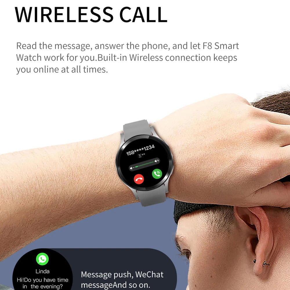 Smartwatch on wrist with phone interface display, text about wireless call functionality.
