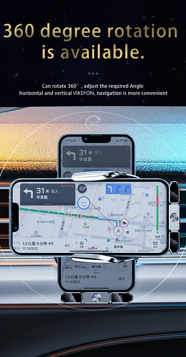 Phone holder with navigation app on a car dashboard, showing 360-degree rotation feature.