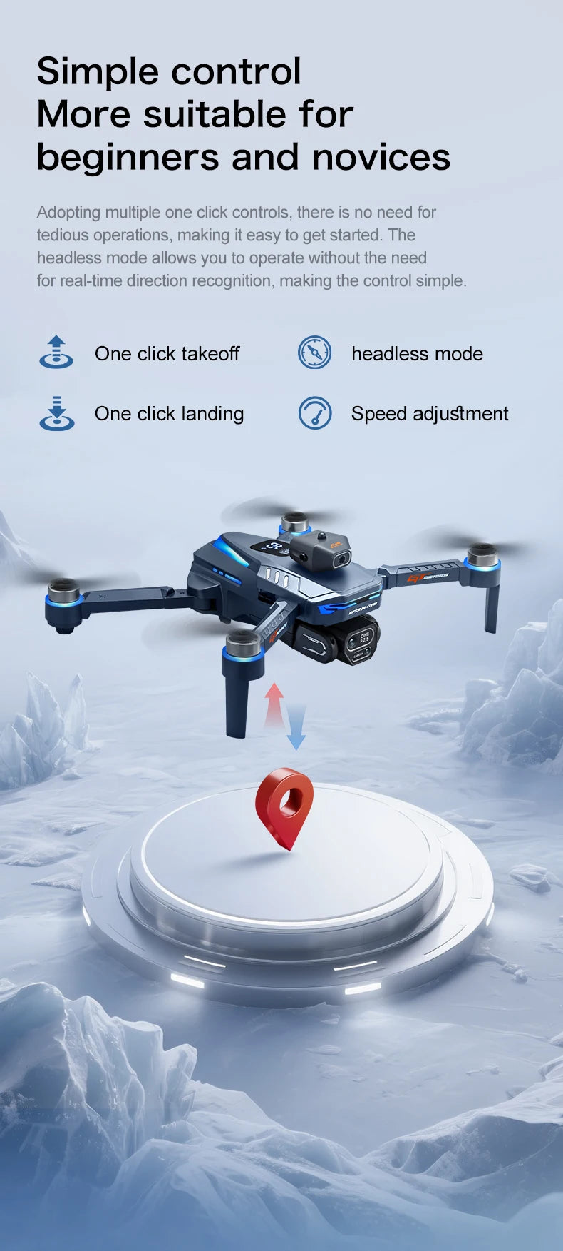 Drone with control features on a snowy background