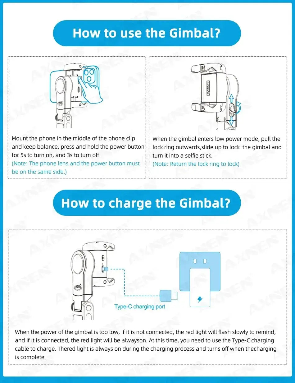 Instructions on how to use and charge a gimbal with diagrams and text.