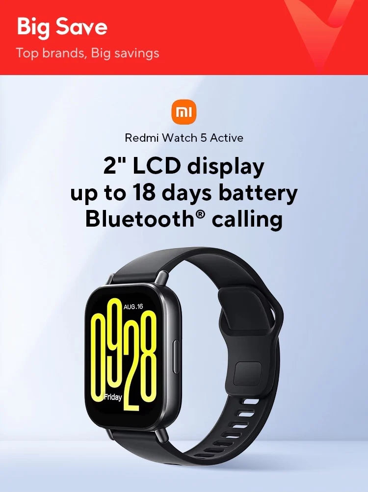 Redmi Watch 5 Active smartwatch with features highlighted on a promotional background