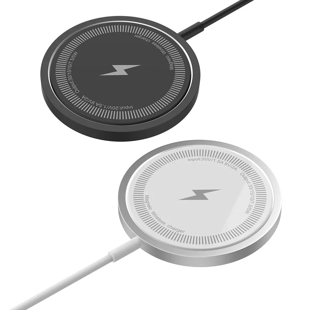 Black and white magnetic wireless charging pads with slim round design for MagSafe devices.