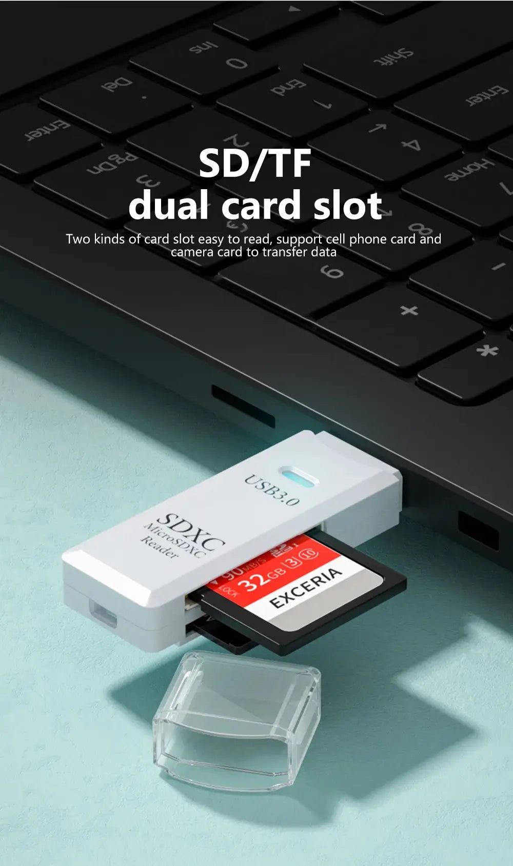 SD and TF dual card slot USB card reader on a laptop keyboard