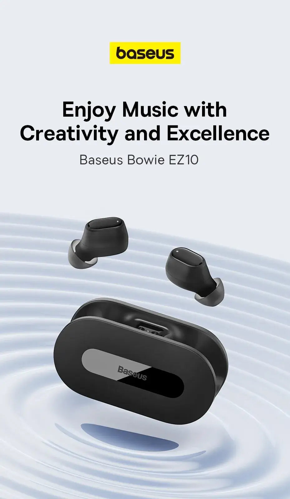 Baseus wireless earbuds with charging case displayed on a light blue background