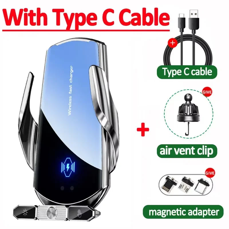 Wireless car holder with Type C cable, air vent clip, and magnetic adapter on a white background.