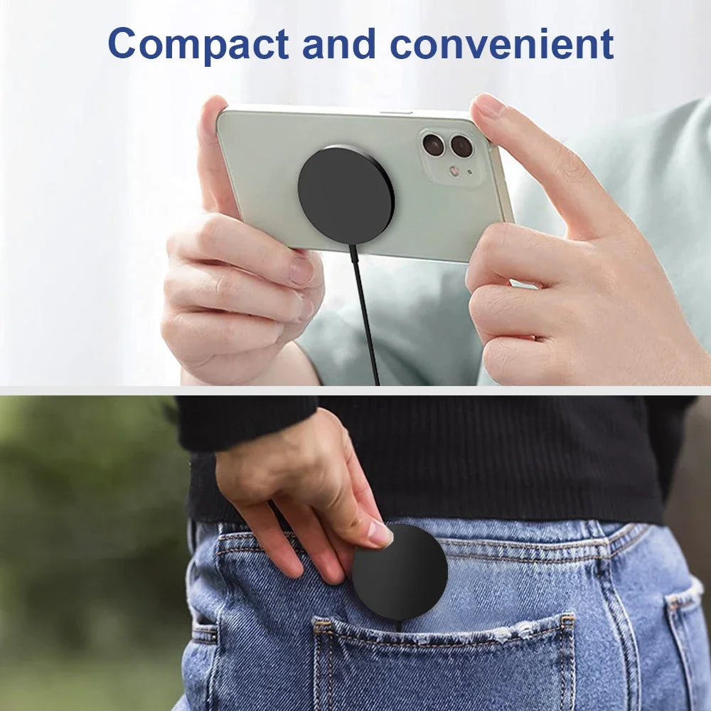 Compact magnetic wireless charger attached to smartphone and easily fitting into jeans pocket.