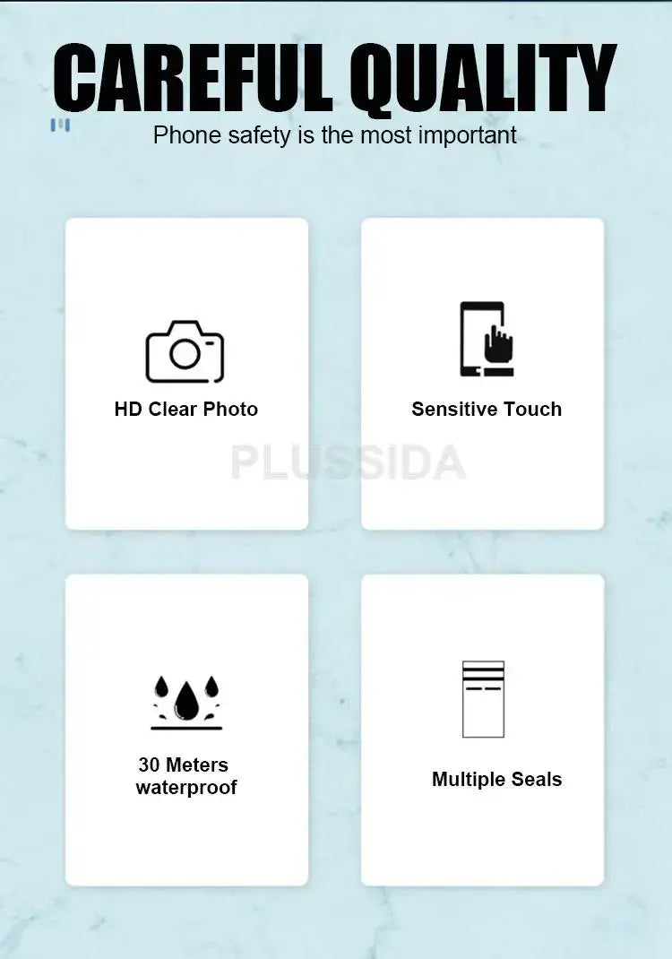Waterproof phone case product features with icons and text on a light blue background