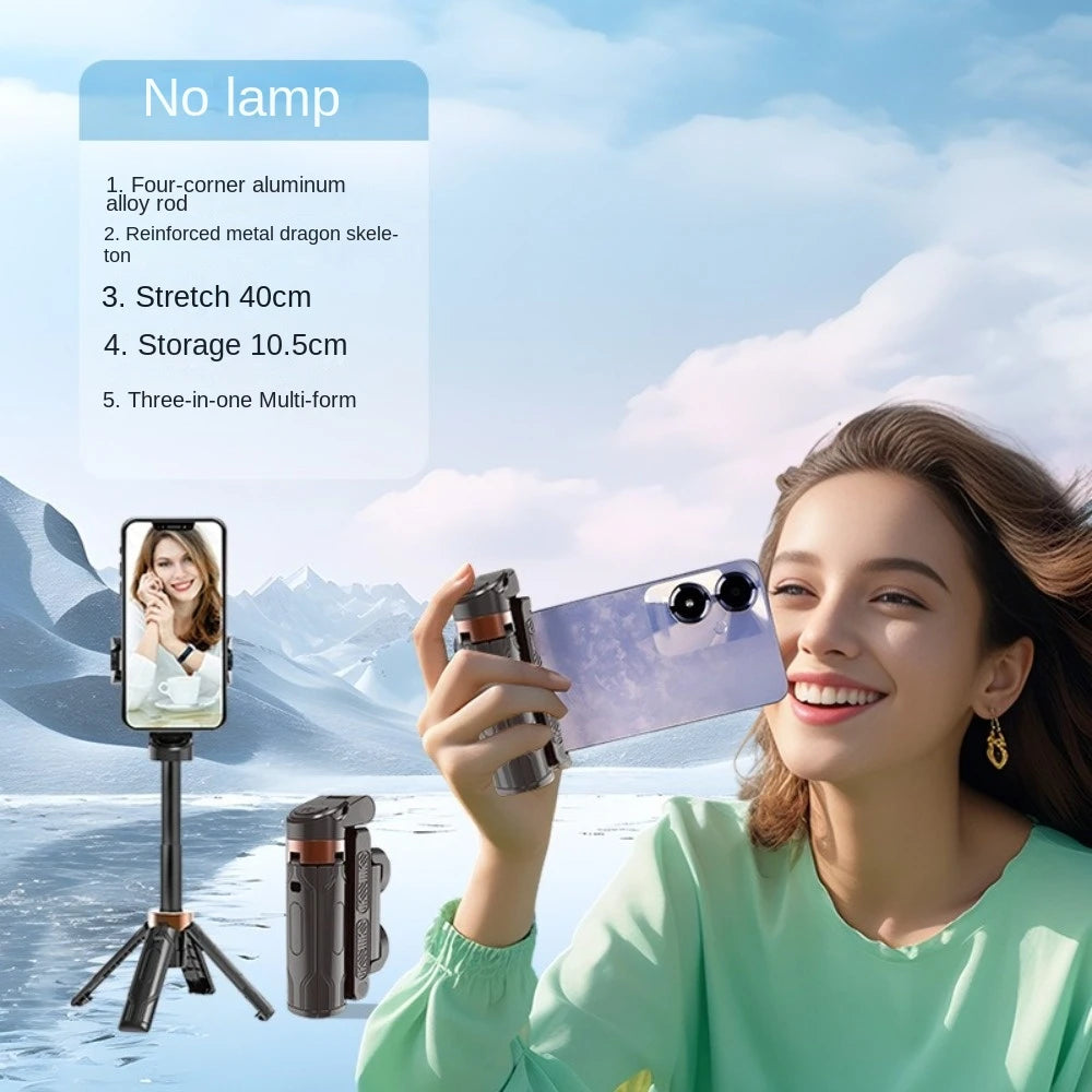 Woman holding a phone with a selfie stick against a mountainous background