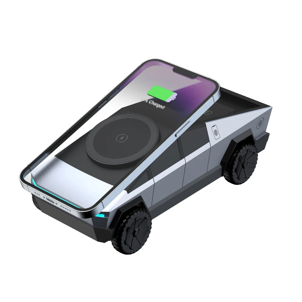 Conceptual design of a vehicle with a smartphone on top, featuring wireless charging.