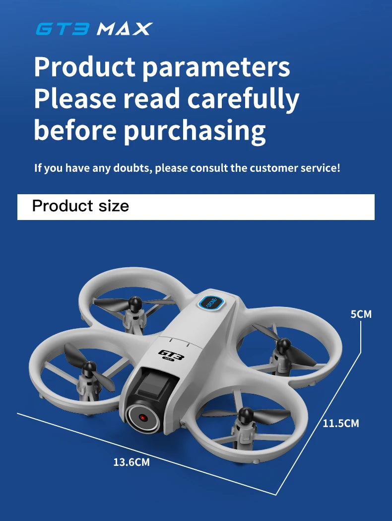 White drone with measurement details on a blue background, featuring GT3 MAX branding.