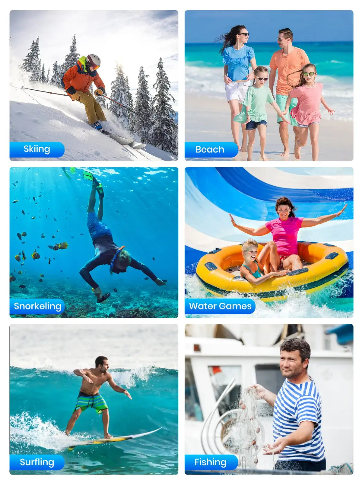 Collage showing six different activities—skiing, beach, snorkeling, water games, surfing, and fishing—highlighting waterproof phone pouch usage