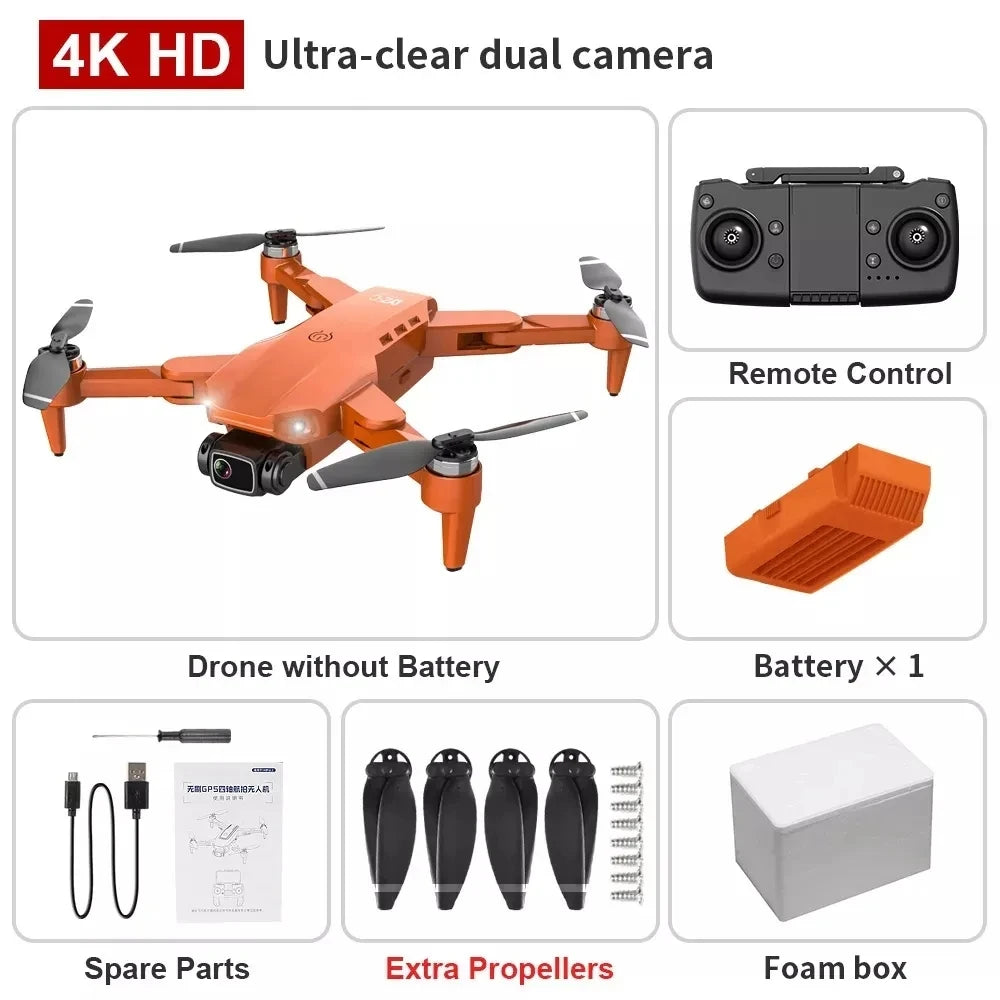 Orange drone with remote control, battery, spare parts, and propellers on a white background.