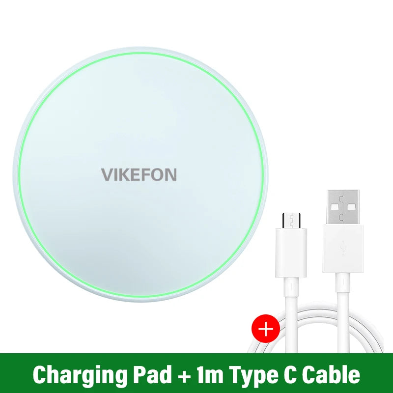 White VIKEFON brand 30W wireless charging pad with green LED ring and 1m Type-C cable included.