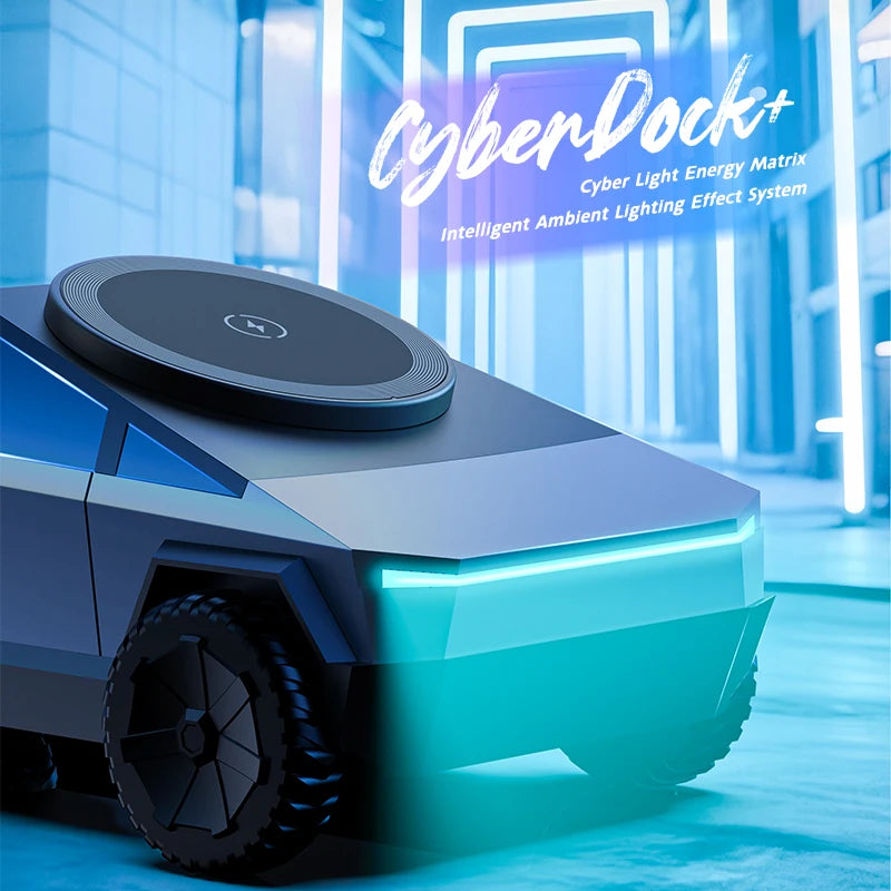 Futuristic vehicle with 'CyberDock+' technology in a high-tech setting