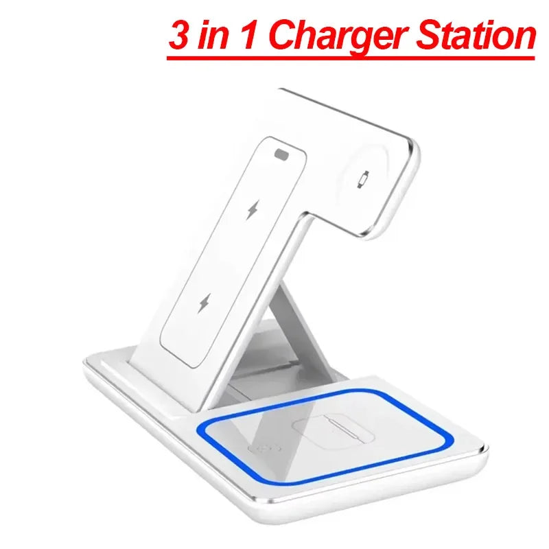 White 3 in 1 foldable wireless charging station with dedicated charging areas for iPhone Apple Watch and AirPods.