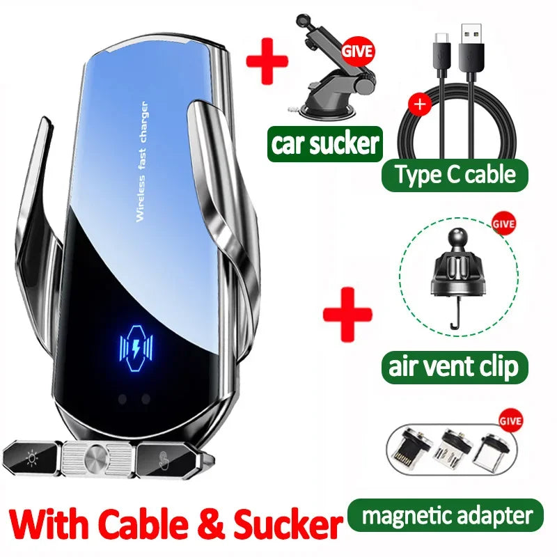 Wireless fast charger with car sucker, cable, and accessories on a white background