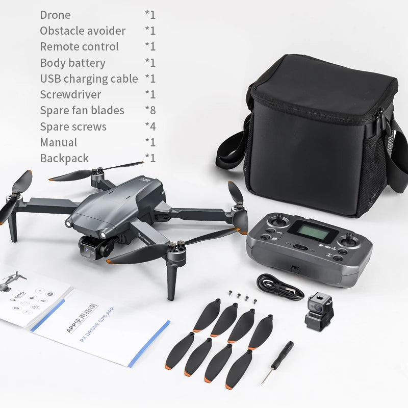Drone set with remote control, spare parts, and accessories on a white background
