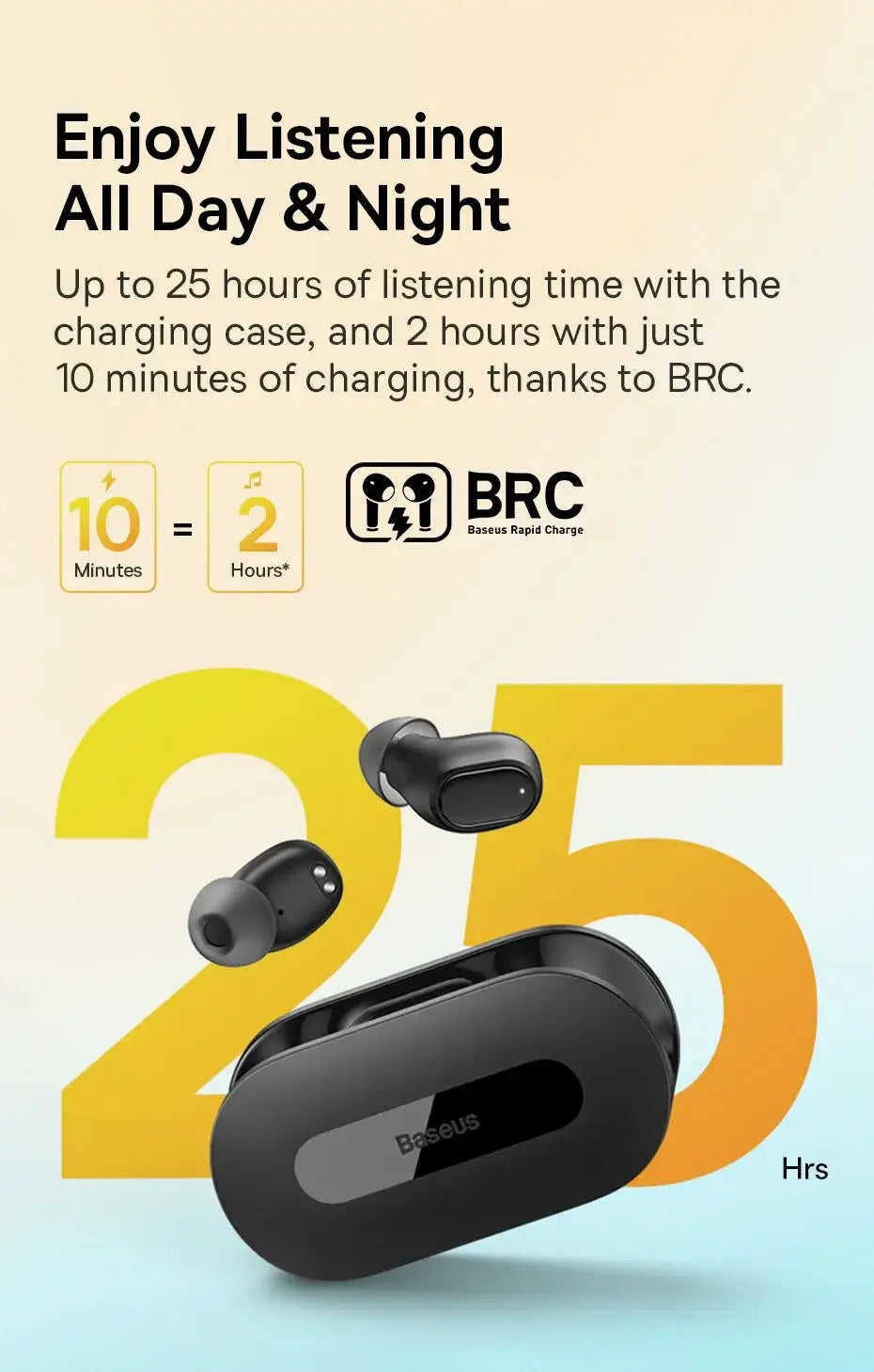 Black wireless earbuds with charging case on a light blue background, featuring text about battery life and BRC technology