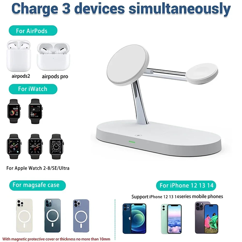 Wireless charging stand with compatibility for AirPods, iWatch, Apple Watch, and iPhone models.