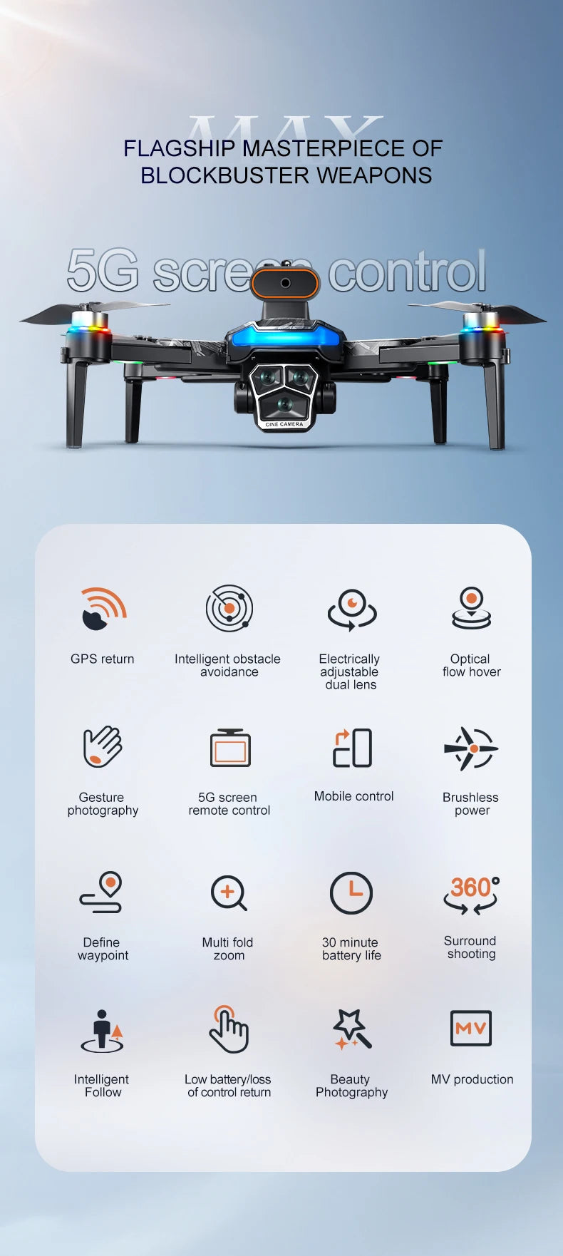 Drone with 5G screen control features on a blue background
