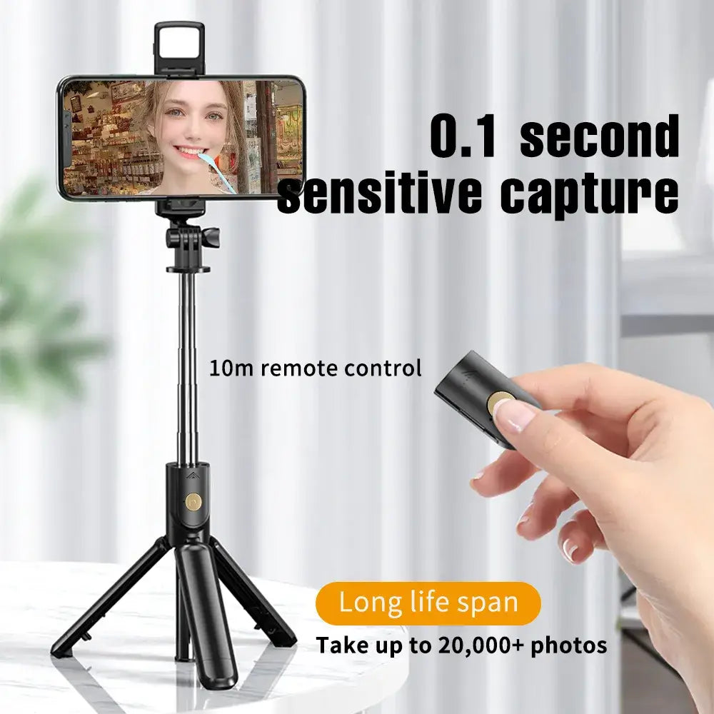 Wireless smartphone selfie stick with remote control on a white background