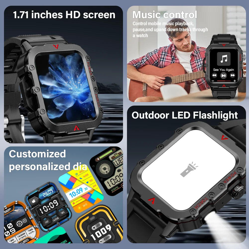 Smartwatch with various features highlighted on a blue background