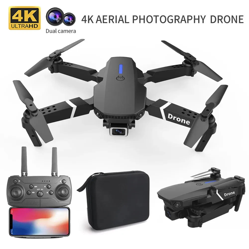 4K aerial photography drone with remote control, case, and dual camera display on a white background