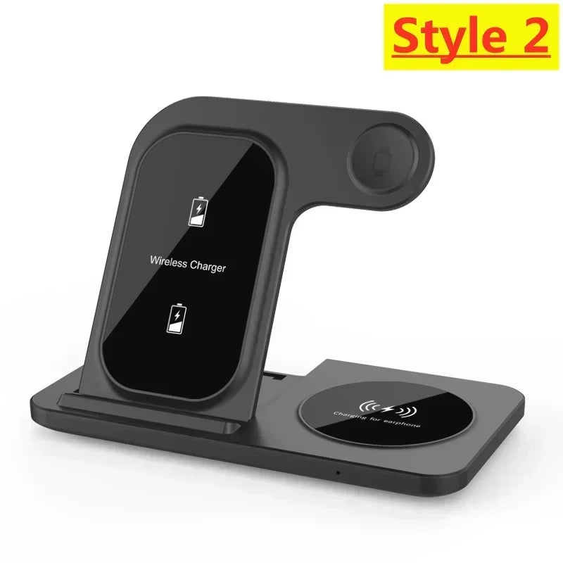 Black wireless charger with smartphone and headphones on a white background