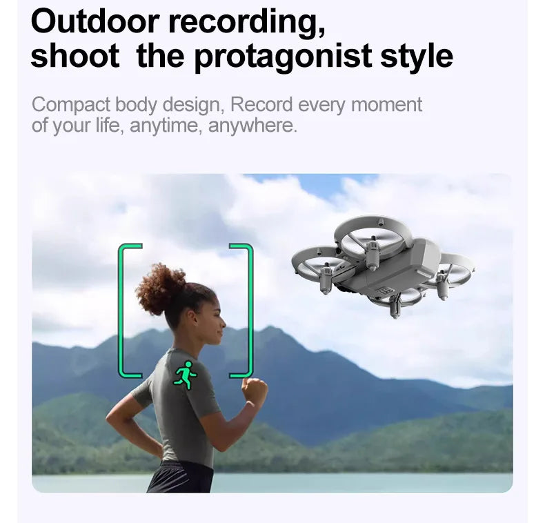 Drone with text about outdoor recording and compact design, set against a scenic background.