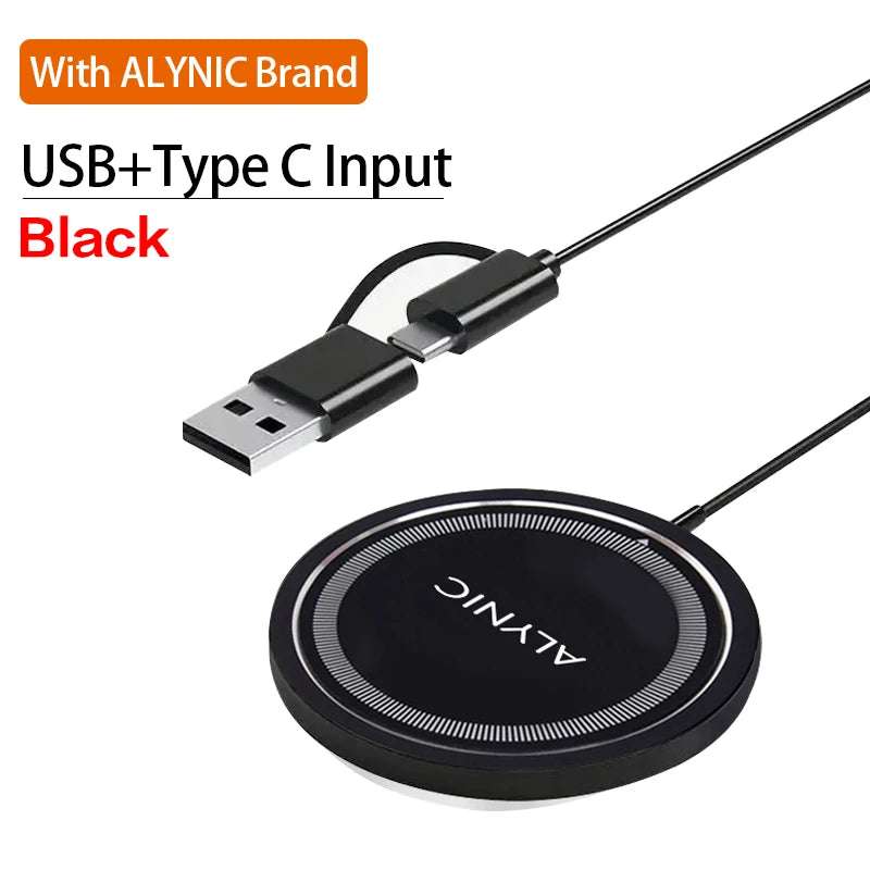 Black ALYNIC brand magnetic wireless charging pad with slim round design and dual USB plus Type-C input.