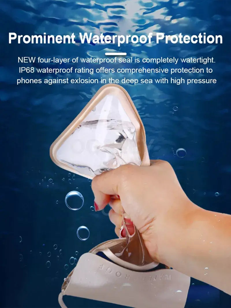 Hand holding a device underwater with text about waterproof protection