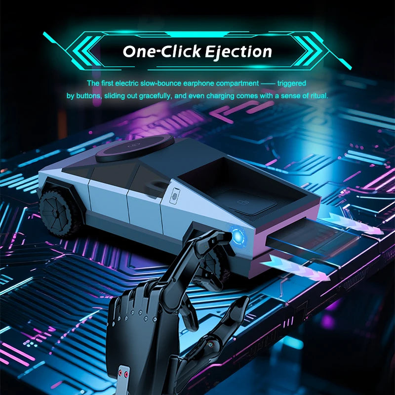 Futuristic electronic device with 'One-Click Ejection' feature on a dark background with neon lights.