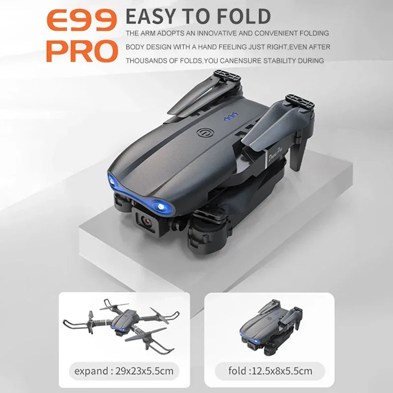 E99 Pro drone with expandable and foldable design on a gray background